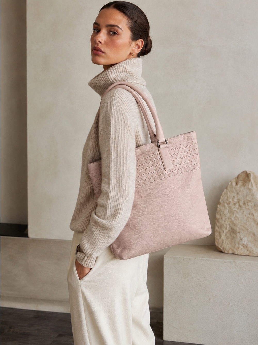 Auth BOTTEGA VENETA beige pink Taupe shoulder Tote Bag INTRECCIATO Woven leather
